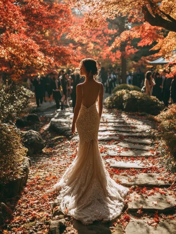 紅葉の参道を歩く花嫁